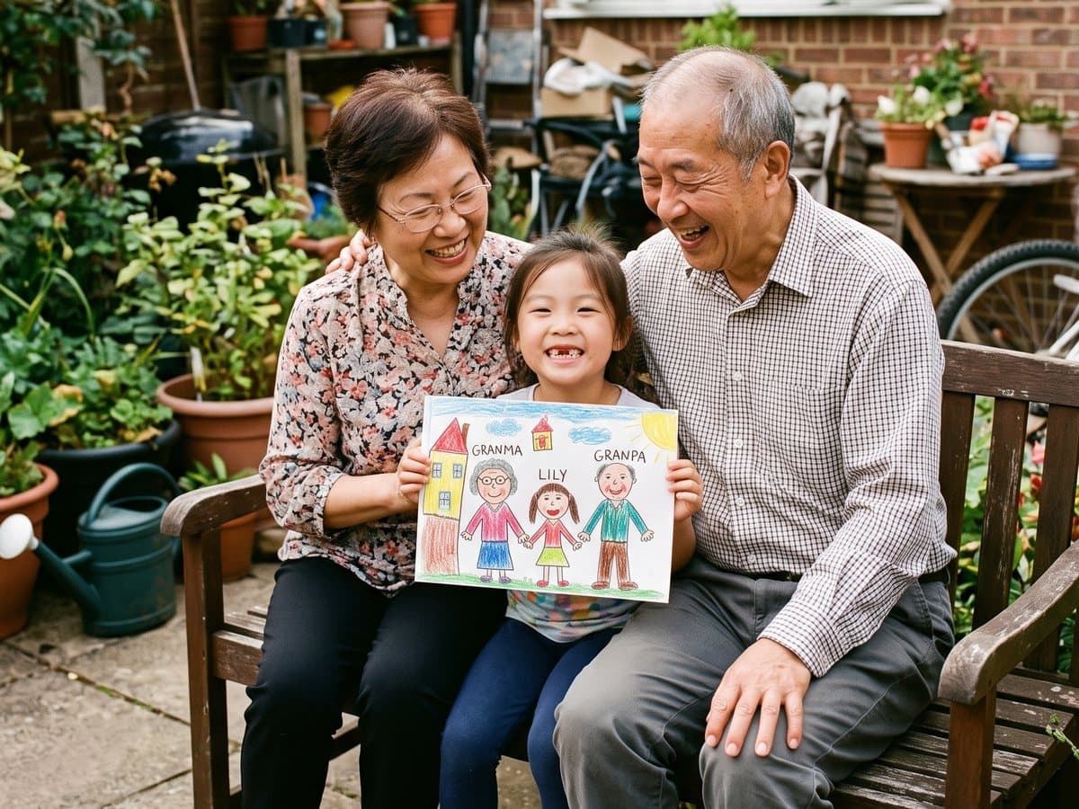 A girl on a garden bench holds up her drawing of Grandma, Grandpa and her