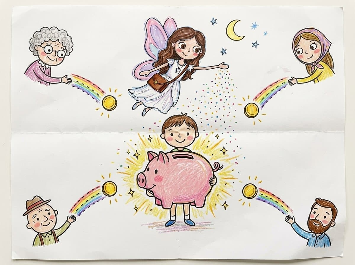 Grandparents, an aunt and an uncle send coins into the child’s piggy bank