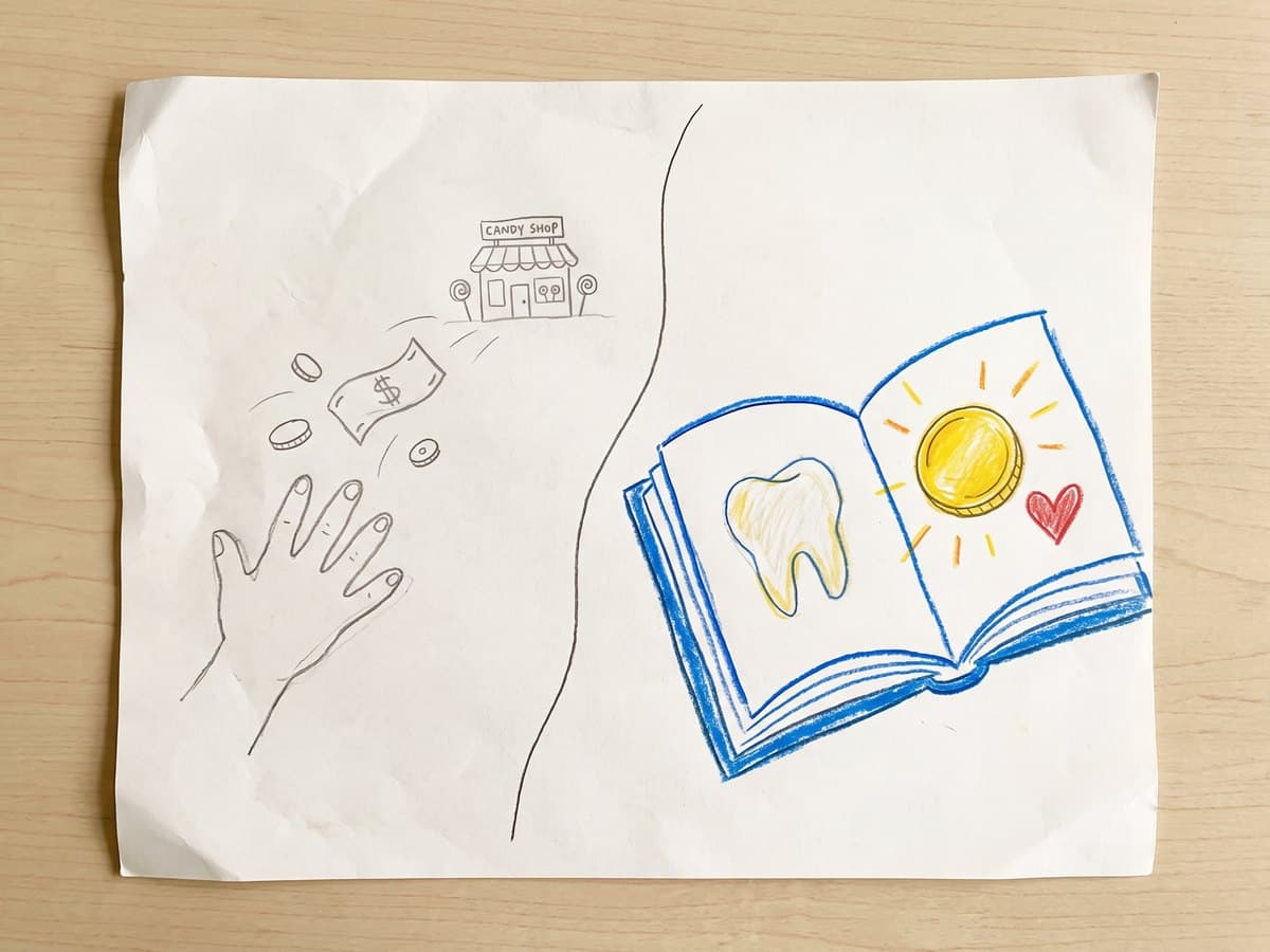 A child's crayon drawing: coins flying off to a candy shop on one side, a book with a tooth drawing and a gold coin on the other