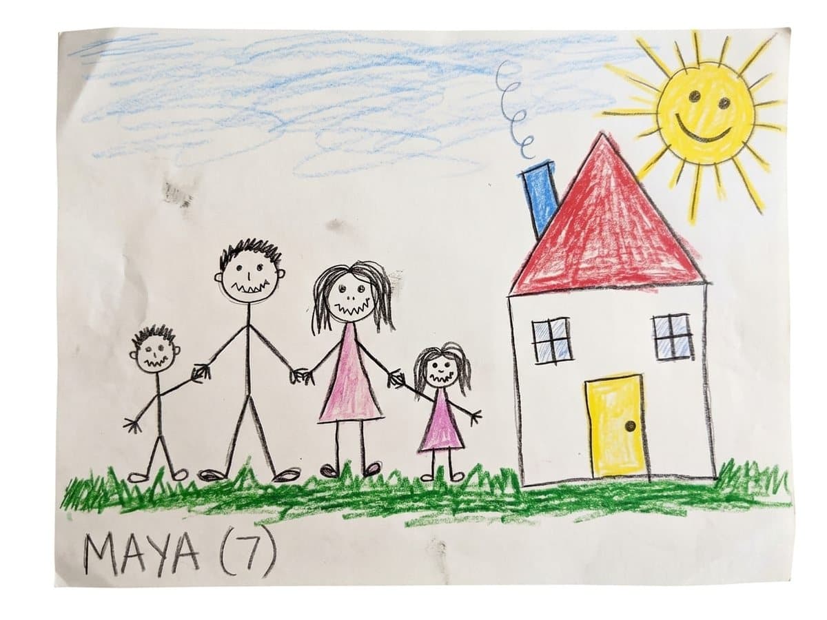 Maya’s crayon drawing of her whole family beside their house