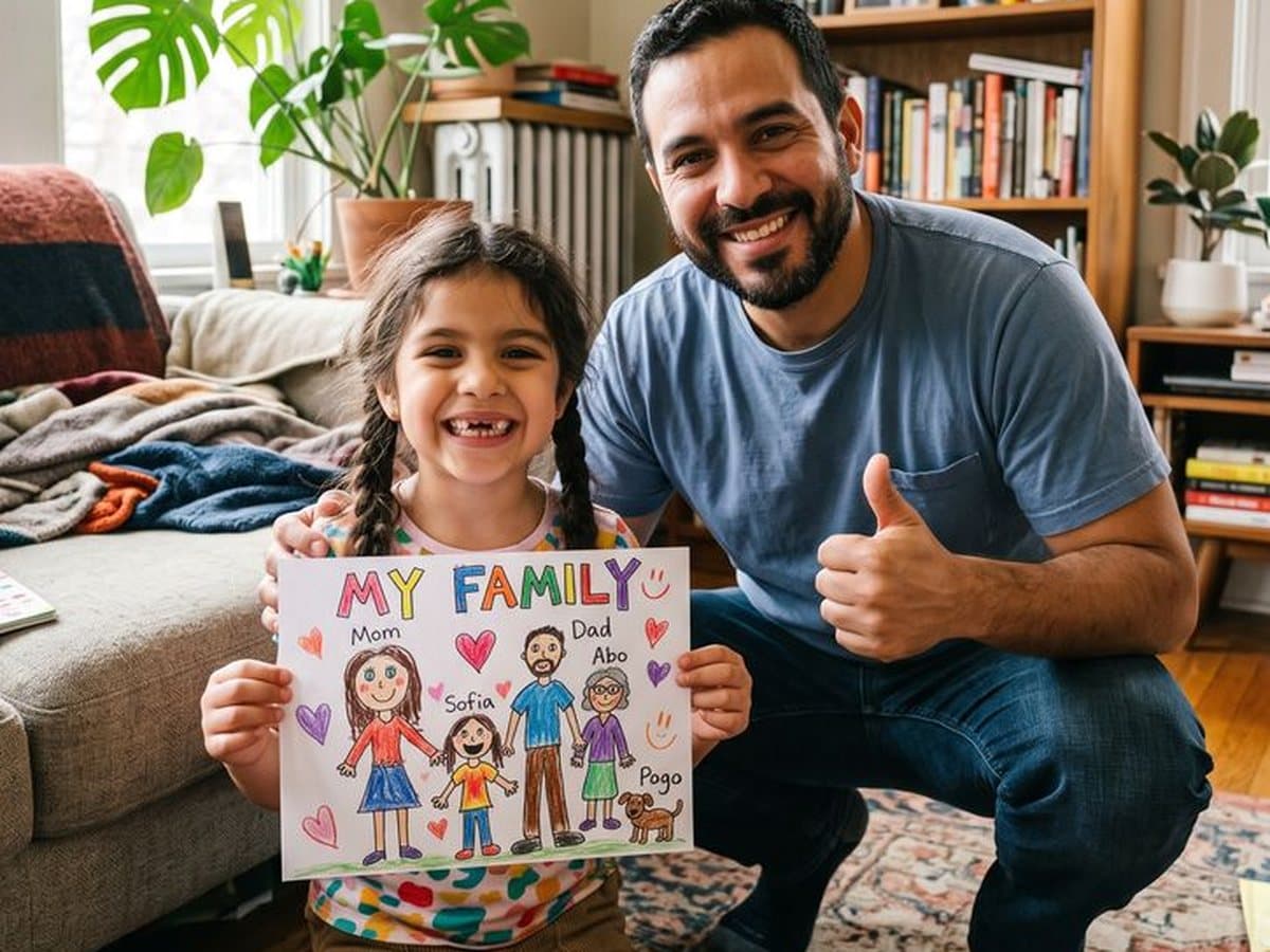 A girl holds up her My Family drawing beside her dad