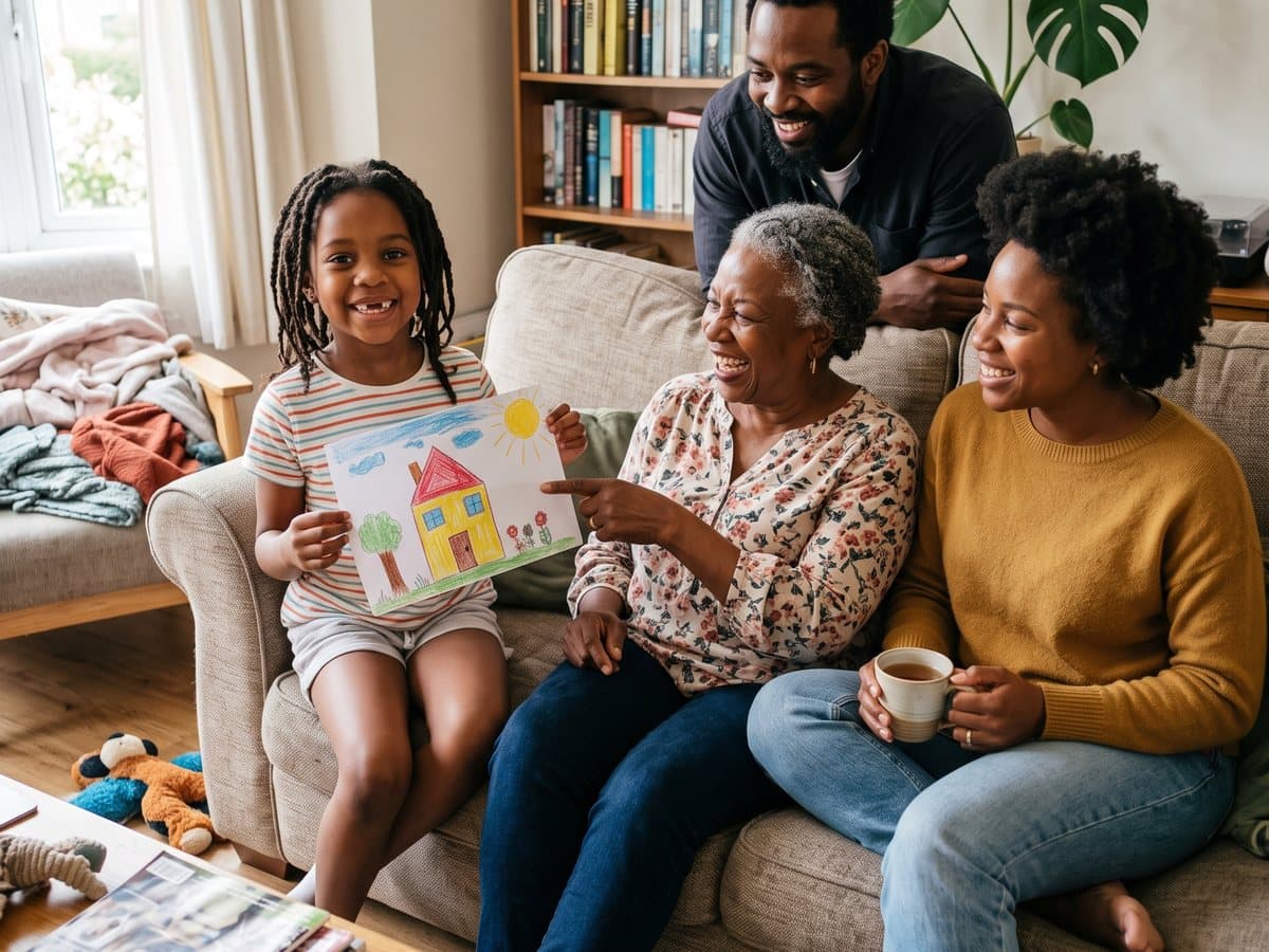 A girl shows Grandma her drawing on the sofa while Mum and Dad look on