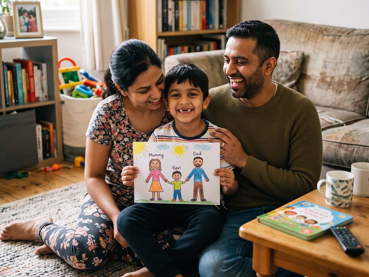 A boy with a gap-tooth grin holds up his drawing of Mummy, Dad and him, his parents laughing beside him