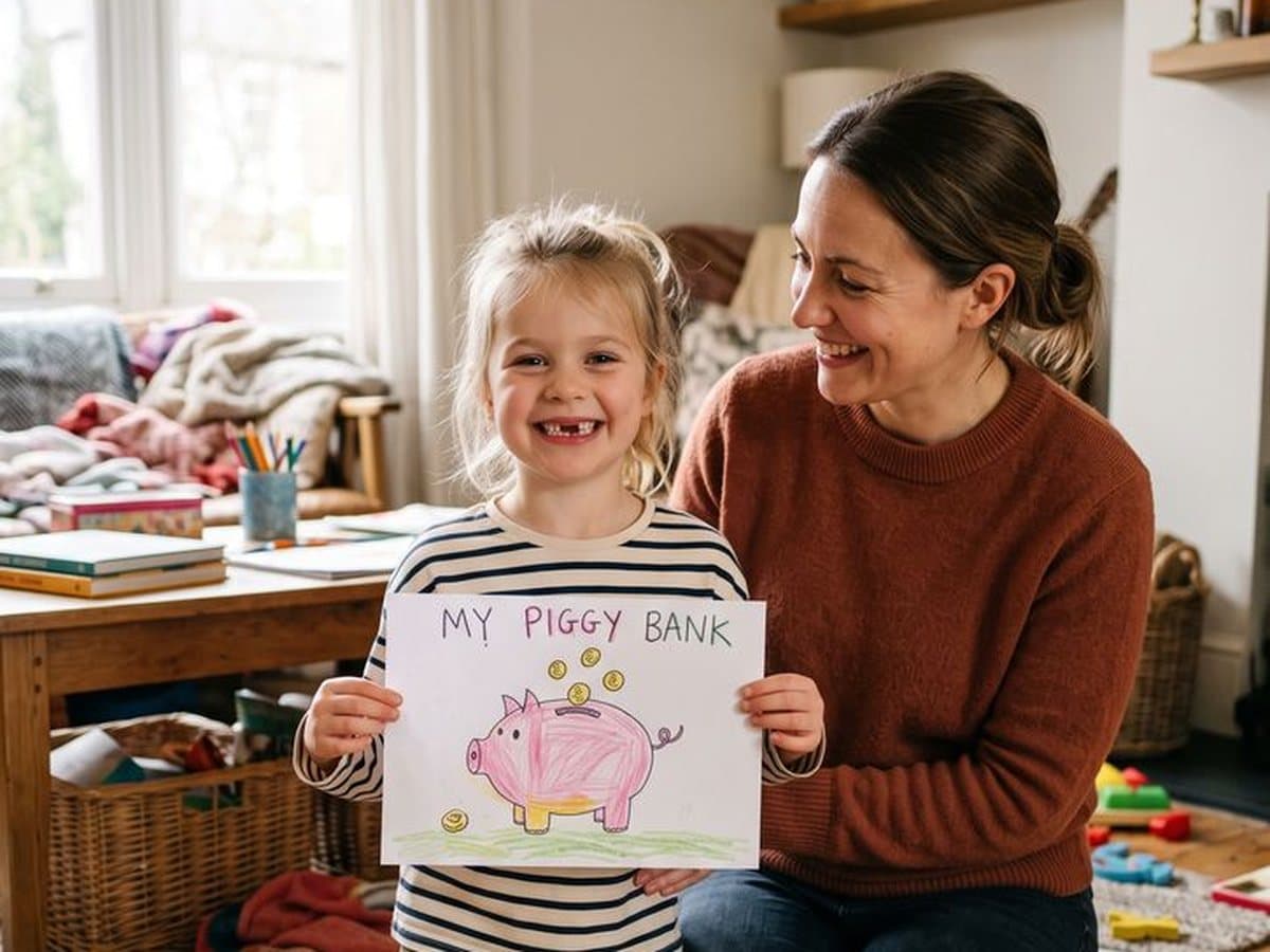 A gap-toothed girl holds up her piggy bank drawing beside her mum