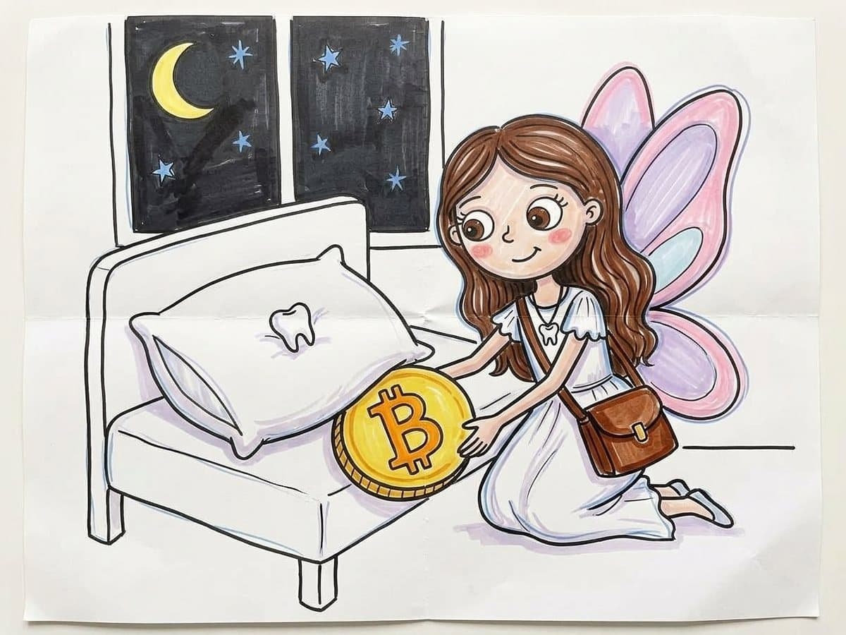 Tanda the tooth fairy slides a gold Bitcoin under the pillow