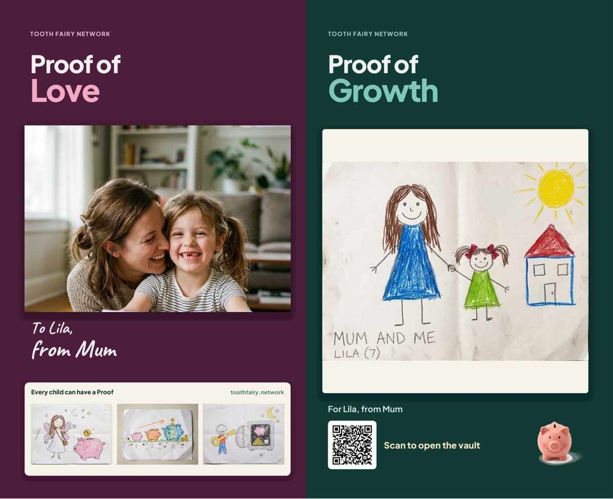 Lila’s printed Proof: Proof of Love with a photo of her and her mum, Proof of Growth with her drawing
