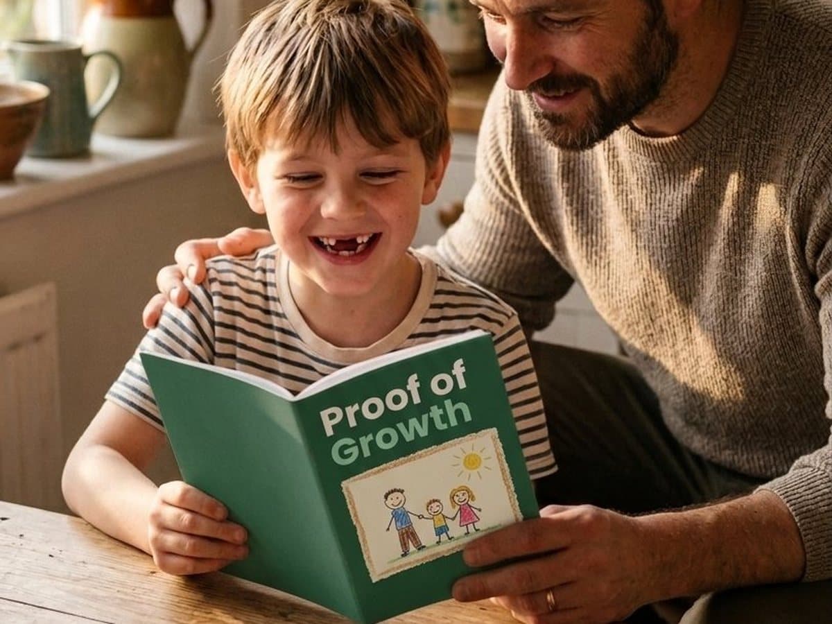 A boy laughing over his green Proof of Growth with his dad