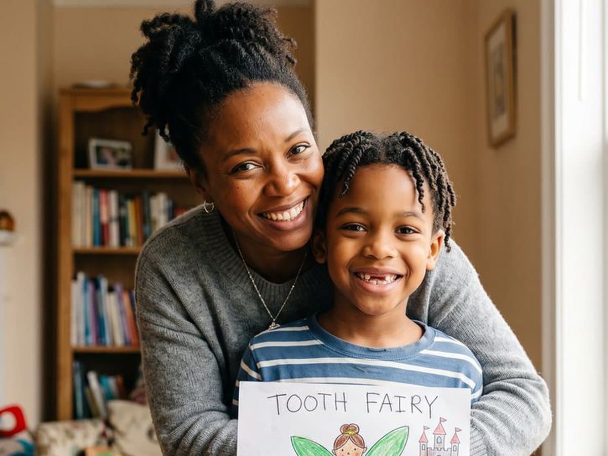 A boy holds up his tooth fairy drawing, his mum hugging him from behind