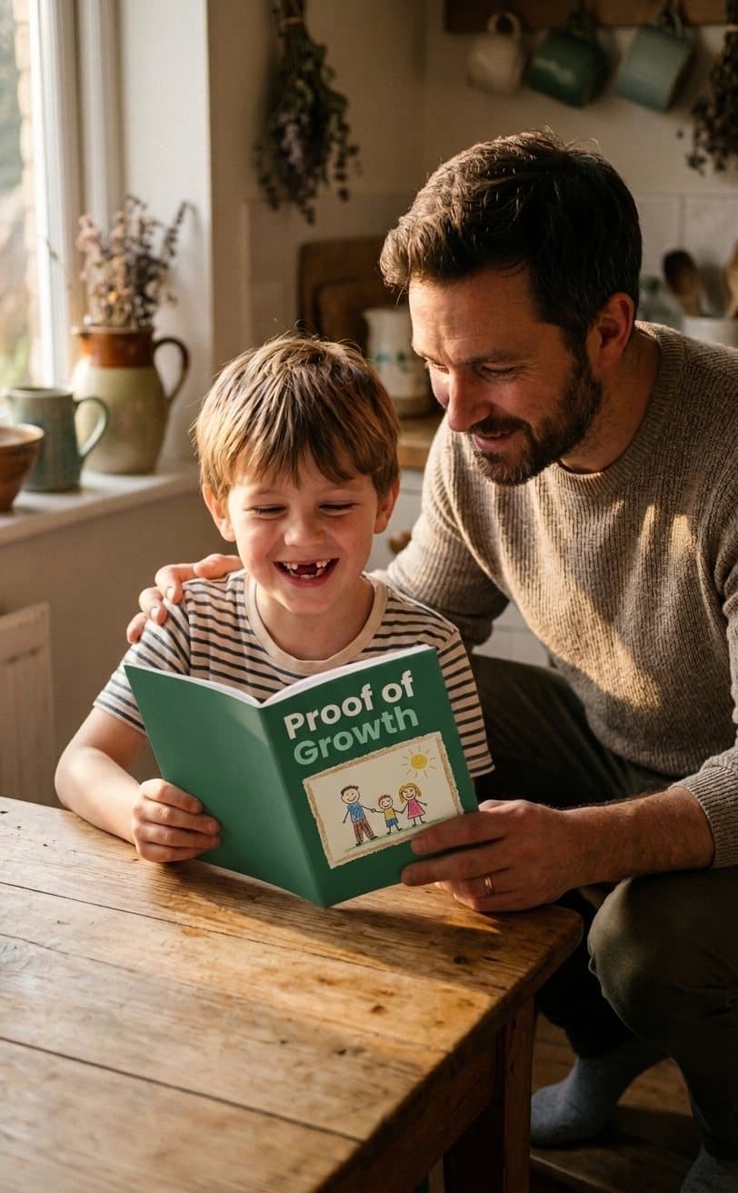 A father and son reading the printed Proof of Growth book together at the kitchen table