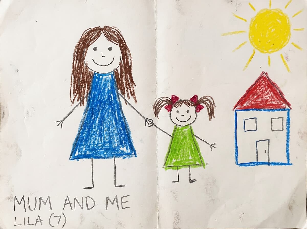 A child's crayon drawing of themselves and their mother