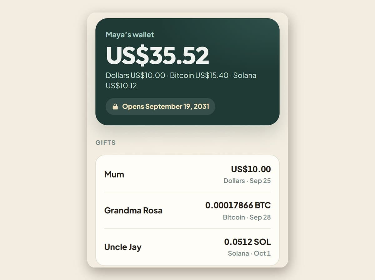 A child’s vault: gifts from Mum in Dollars, Grandma Rosa in Bitcoin and Uncle Jay in Solana