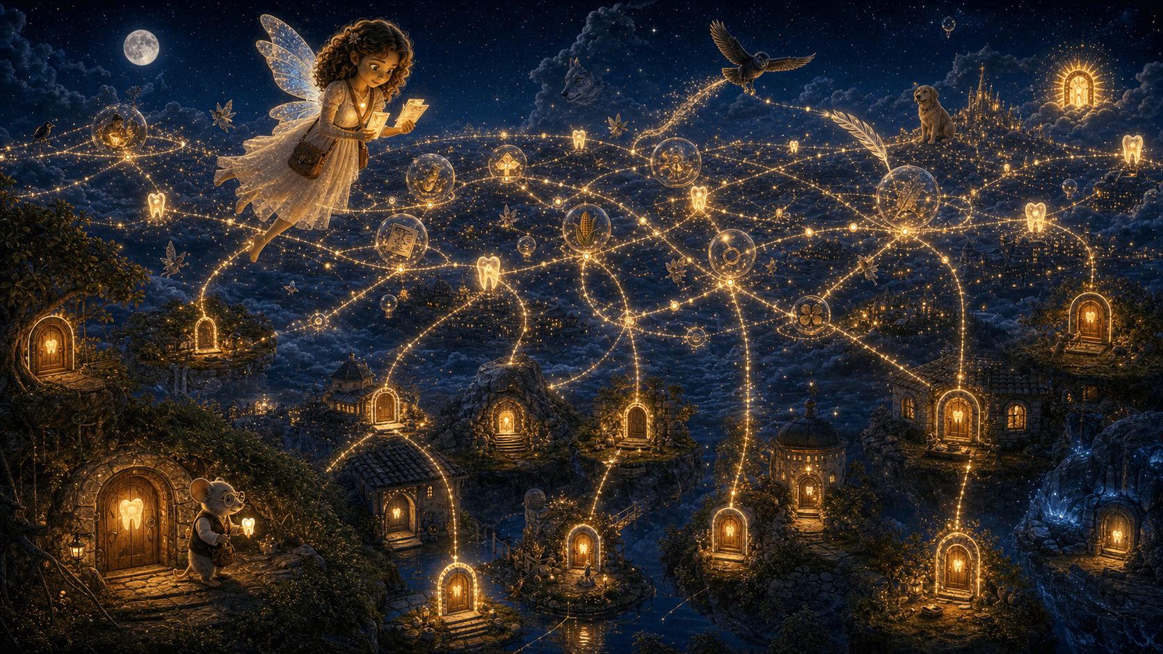 Tanda floating above a vast night sky network of glowing tooth story doors