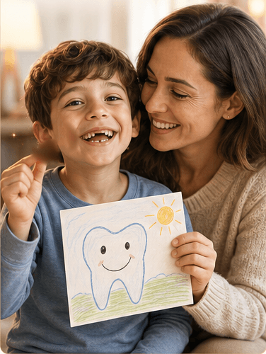 A parent and child celebrating a lost tooth